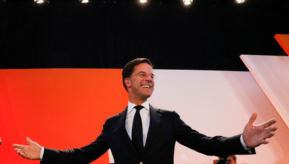 Dutch Prime Minister Mark Rutte of the VVD Liberal party appears before his supporters in The Hague