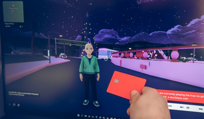 Russia Moscow 19.01.2022 Logo of metaverse. Investing in digital universe, real estate. Buy land in virtual world. Blockchain nft cryptocurrency.Man with mobile phone.Play-to-earn.Buing accessories
