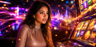 Mujer junto a pantalla de juego iluminada